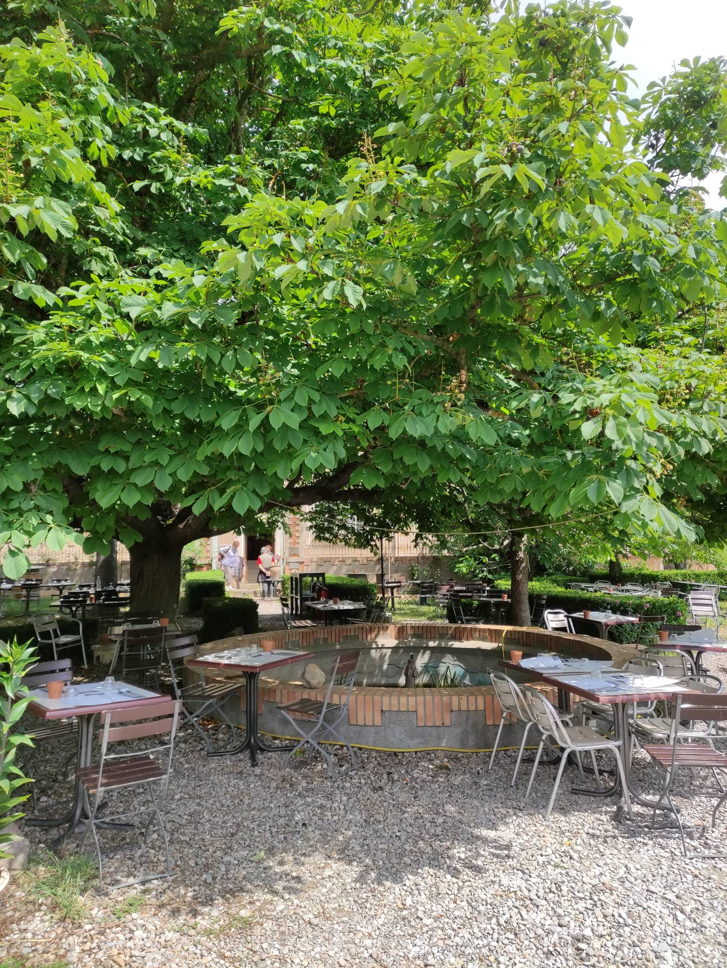 Terrasse ombragée du restaurant le Jardin de Marie à Rennes le Château ©OT du Limouxin