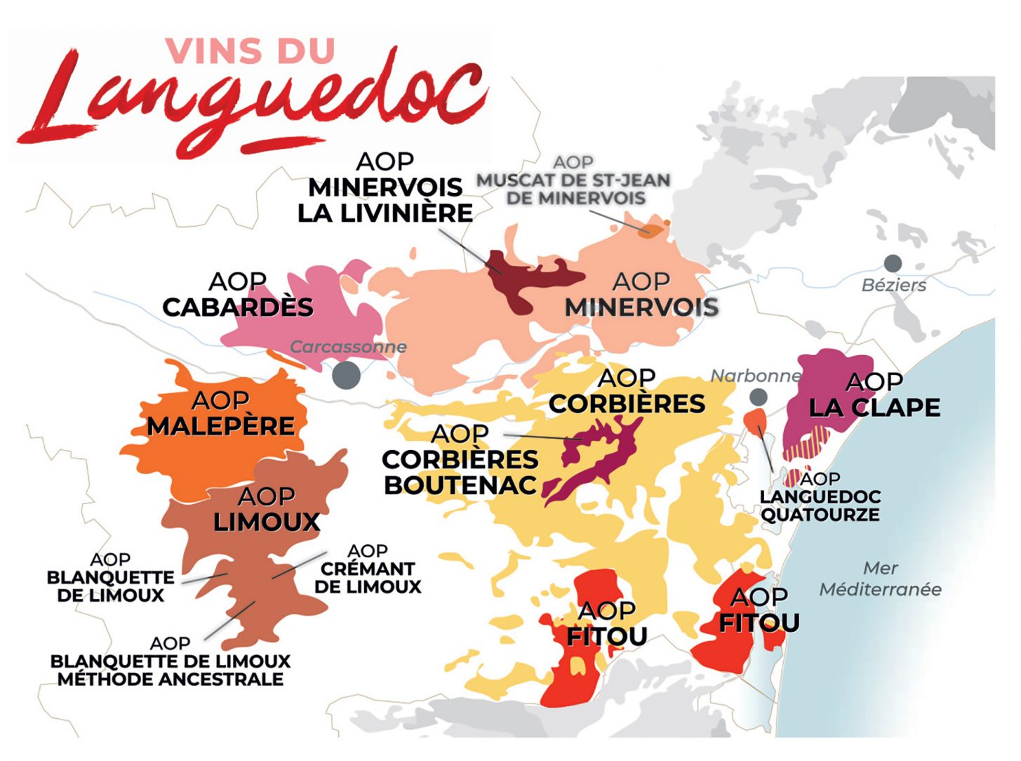 Carte des AOP de l'Aude, dans le Sud de la France ©Conseil Interprofessionnel des Vins du Languedoc - ADT de l'Aude